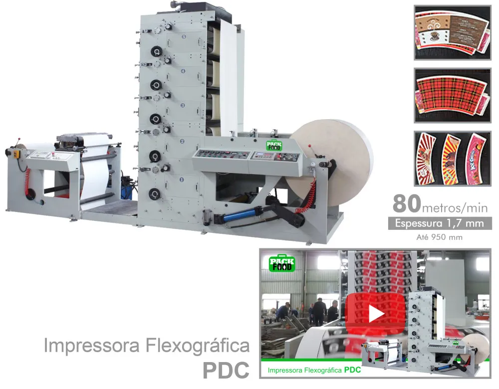 Vídeo da impressora flexográfica PackFood PDC para embalagens de papel