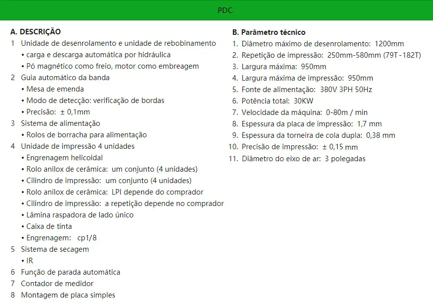 Informações da impressora flexográfica PackFood PDC