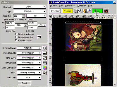 Abra o ScanWizard Pro, selecione qual tipo de original deseja capaturar: impresso, foto, transparência positiva ou negativa. Execute o preview e selecione uma ou mais áreas a serem capturadas. Quando estiver pronto ative a função SCAN.
