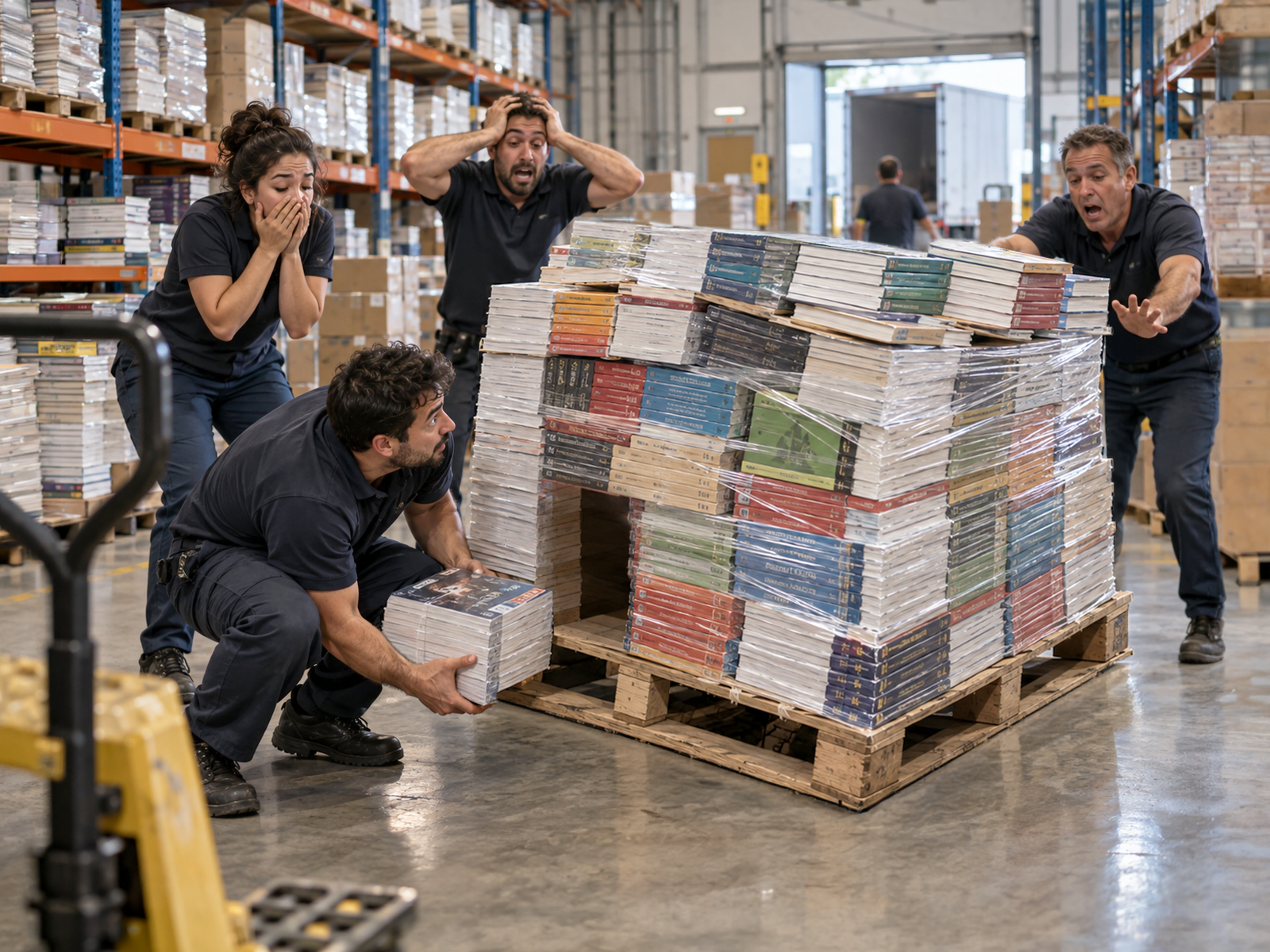 O pallet estava perfeito. Aí alguém pediu justamente o livro de baixo