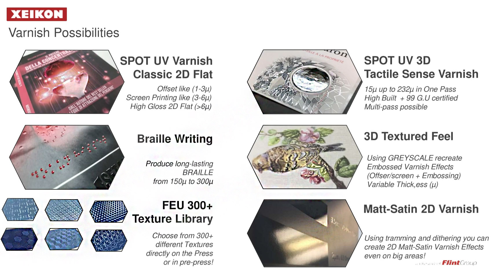 Xeikon FEU - Acabamento e Embelezamento DIGITAL com Verniz Localizado UV e Tátil, Foil (dourado, prata...), Texturas 3D e Hologramas